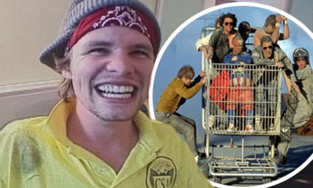 Laughing man with bandana; inset shopping-cart riders