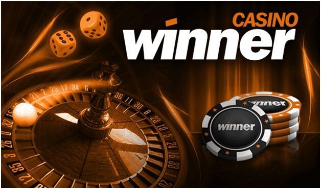 Roulette wheel, dice, chips, "Winner" logo