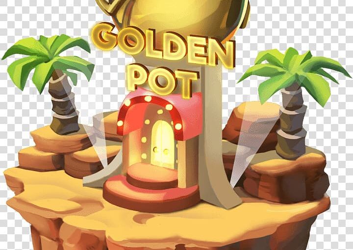 Golden pot with rainbow on floating island