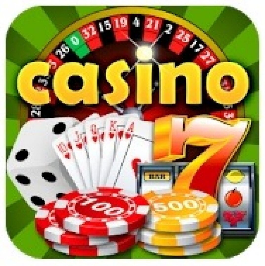 Casino graphic: roulette, cards, dice, chips, slot