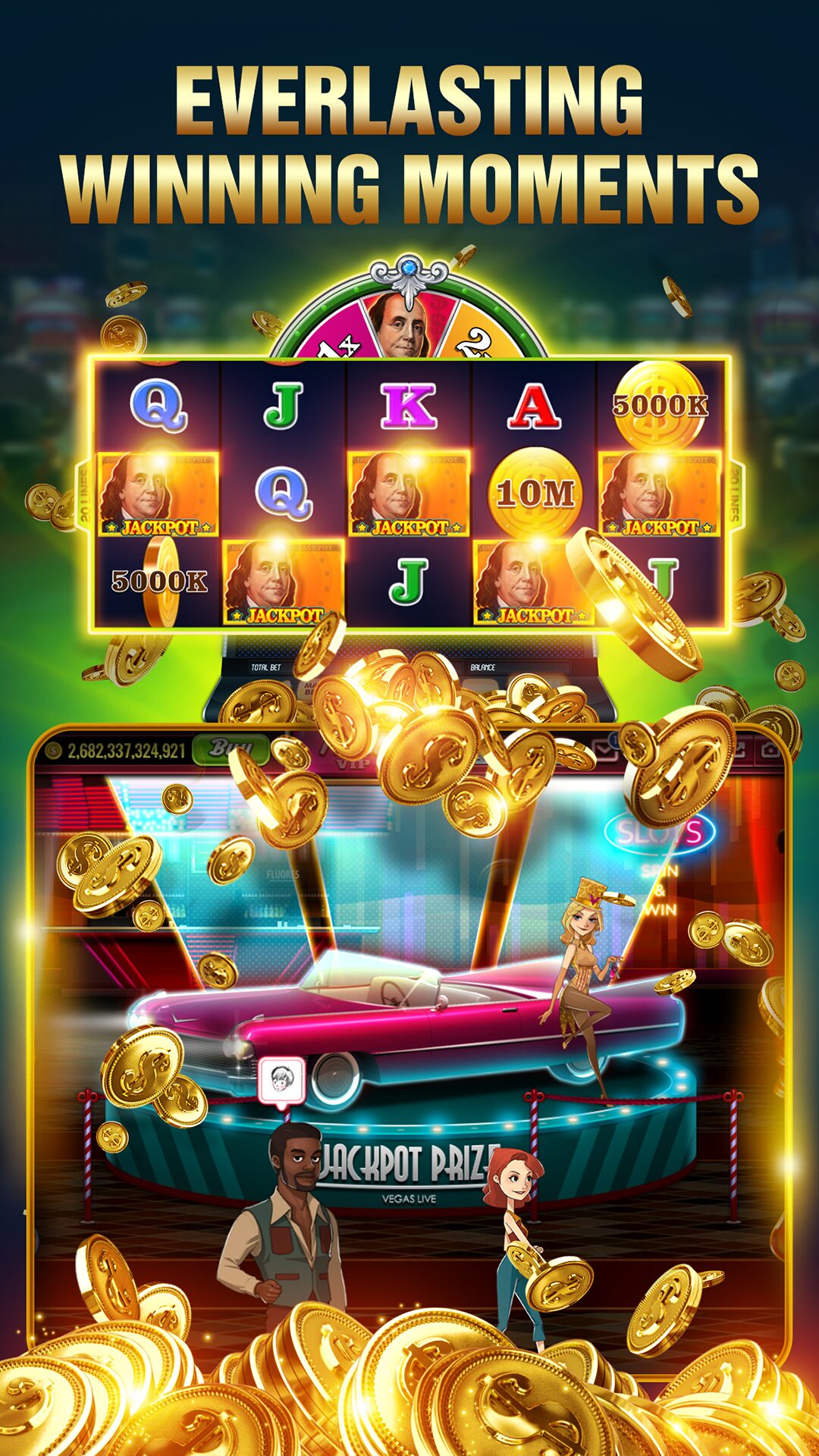 Casino slot machine jackpot with gold coins