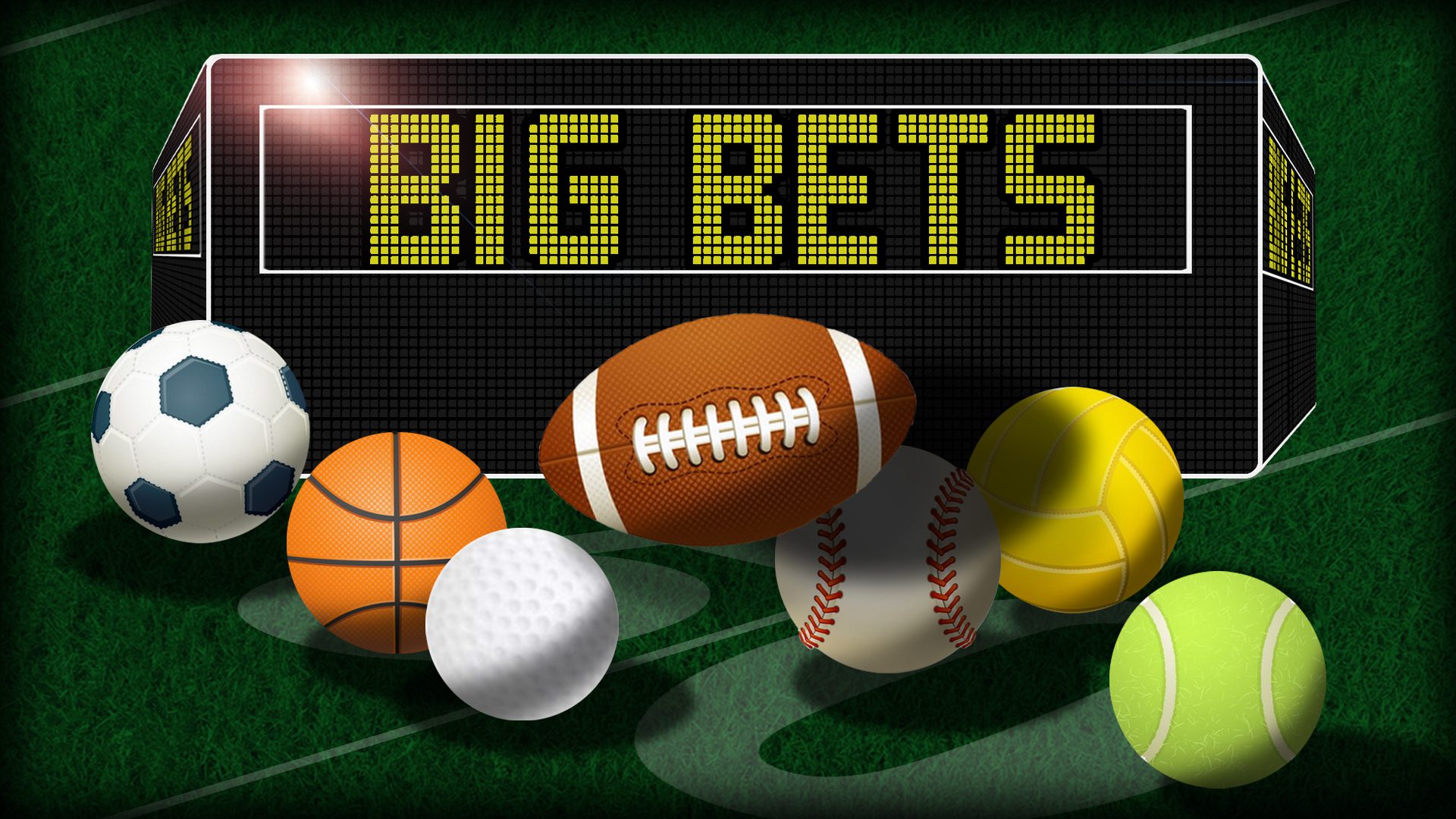 Sports betting sign with assorted sports balls
