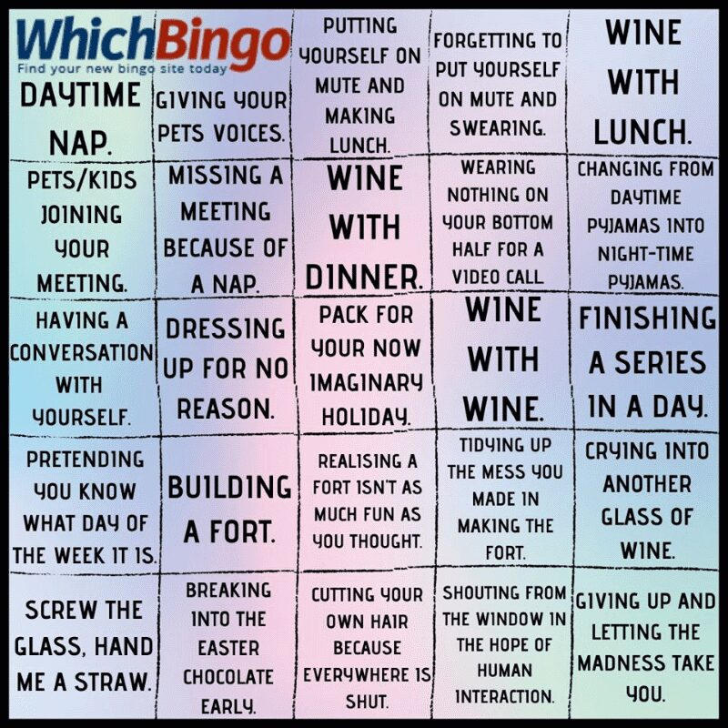 Humorous bingo card of quarantine activities