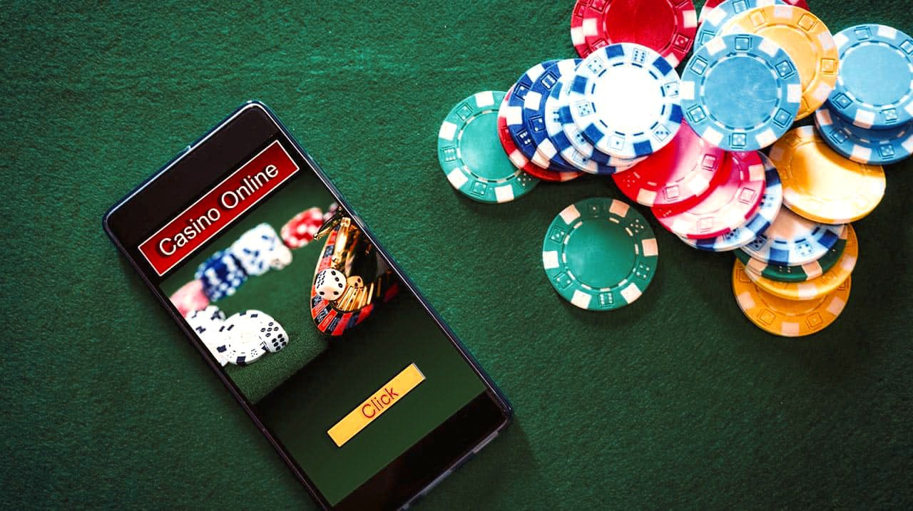 Smartphone displaying online casino app with poker chips