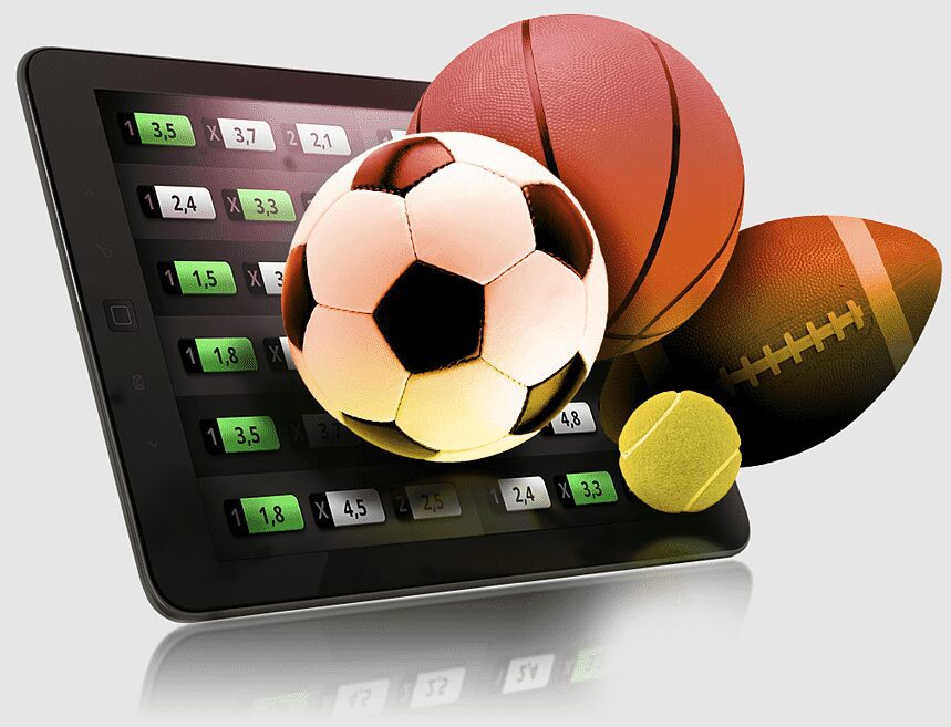 Tablet with sports balls and betting odds.