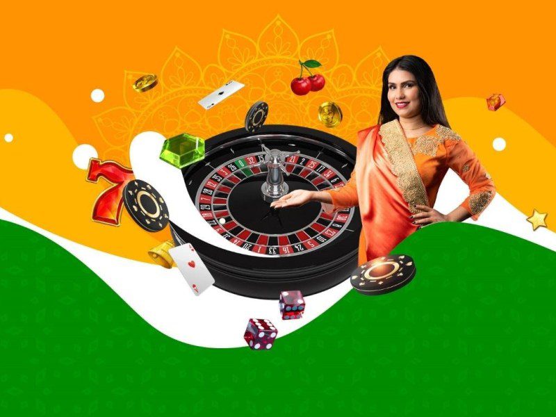 Woman in sari with roulette and gambling icons