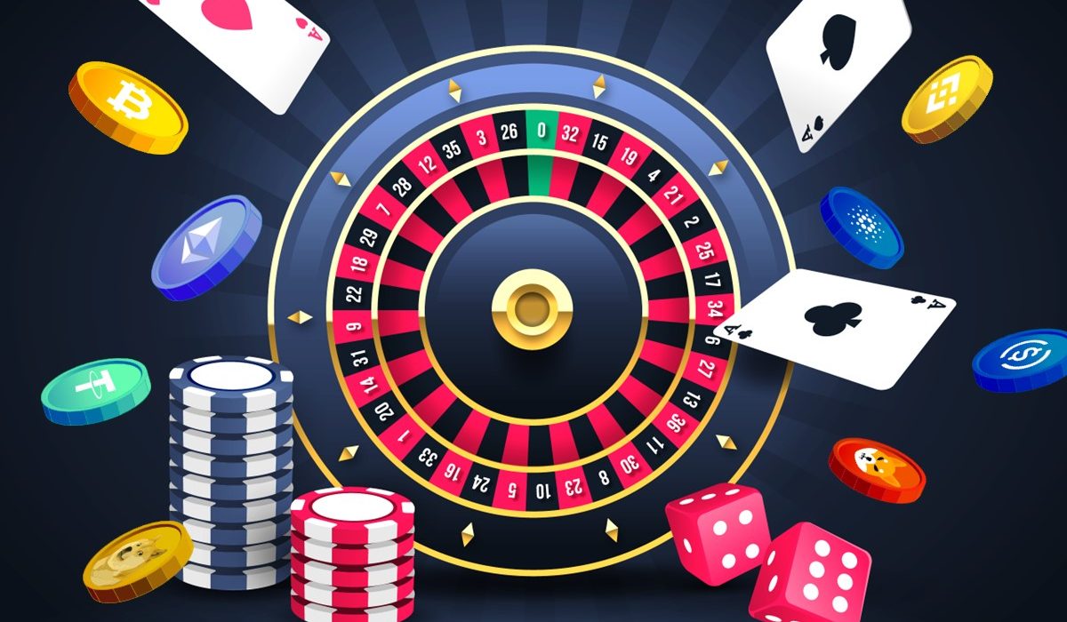 Roulette wheel surrounded by chips, cards, dice