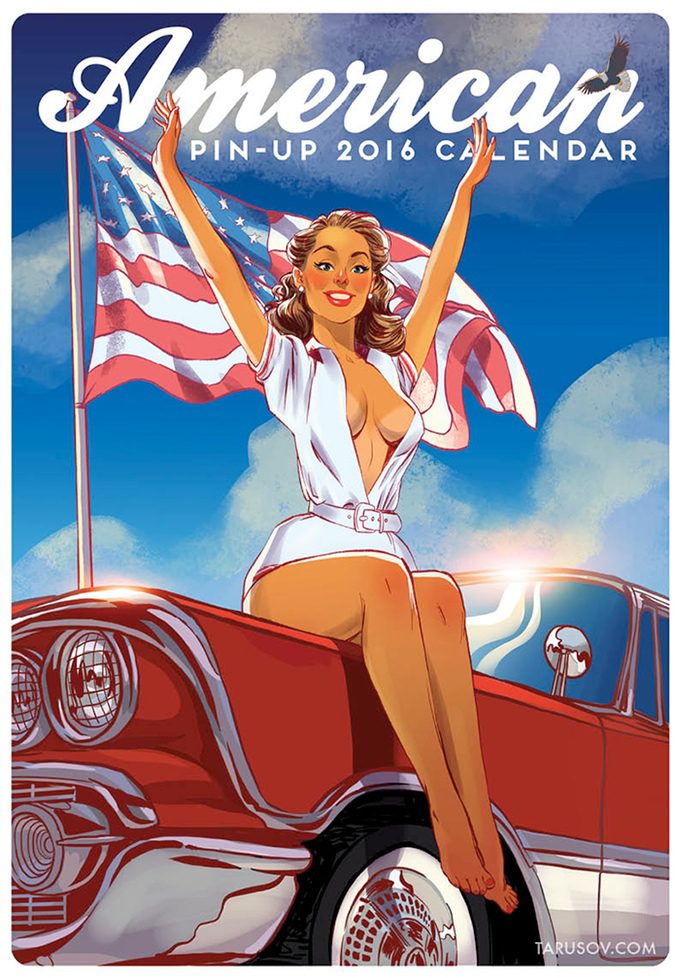 Pin-up woman on red car with American flag