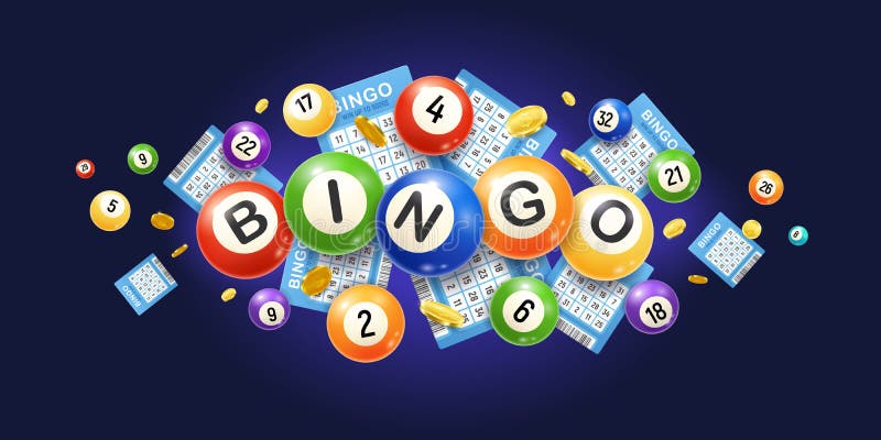 Colorful bingo balls and cards with coins