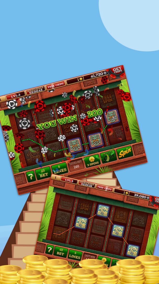 Two slot machine screens with gold coins