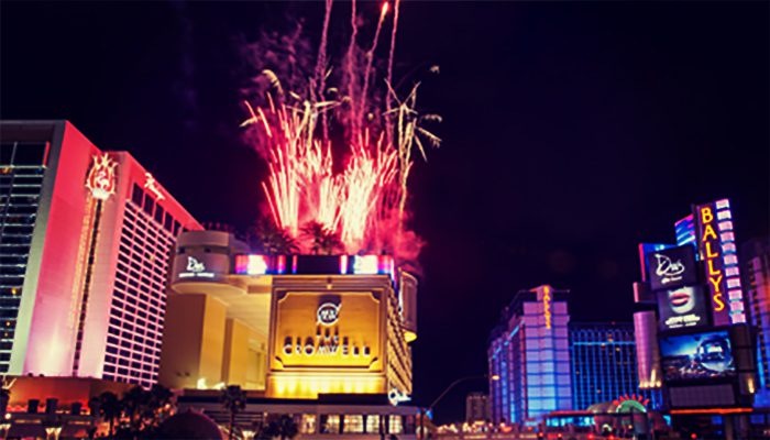 Fireworks over Las Vegas casino at night