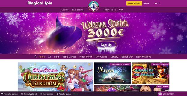 Magical Spin casino homepage with €3000 offer