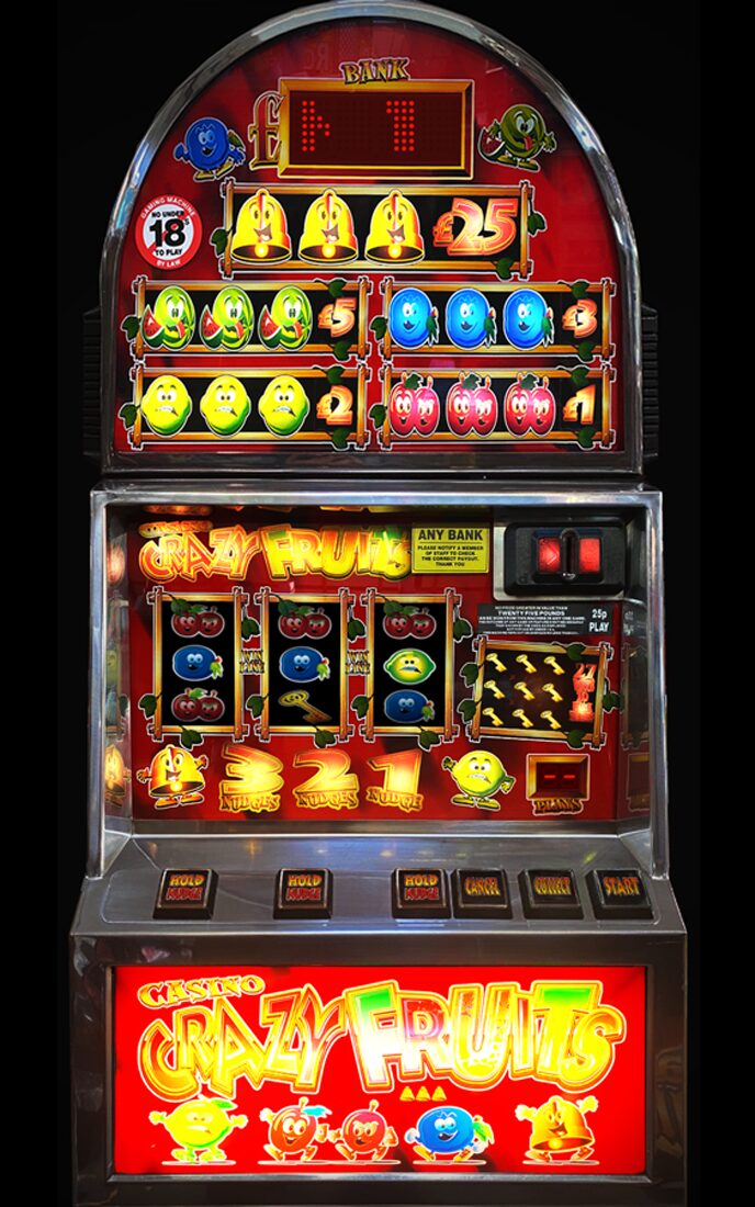 Illuminated Crazy Fruits slot machine with fruit symbols