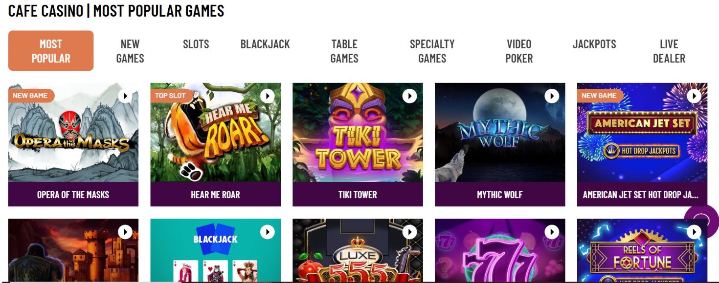 Casino website showing popular slot thumbnails