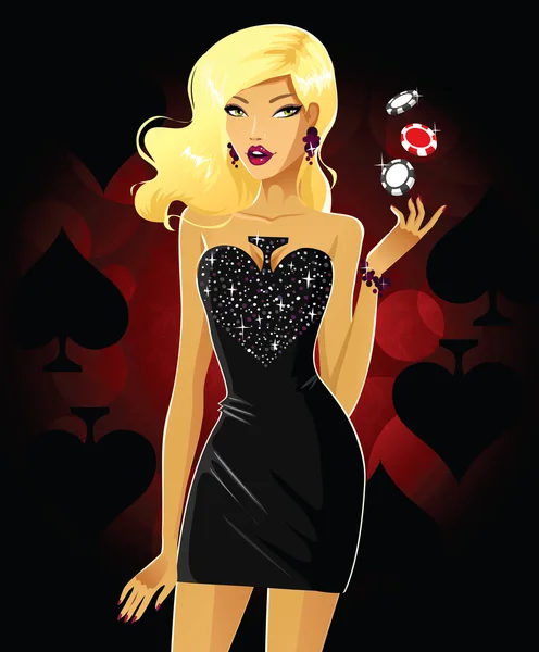 Glamorous blonde in black dress tossing poker chips