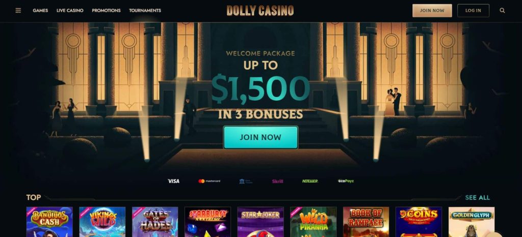 Dolly Casino homepage showing $1,500 welcome banner