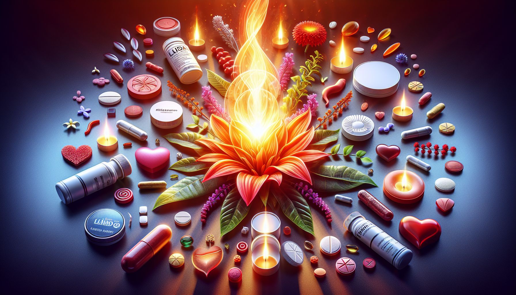 Image of various libido supplement bottles and capsules
