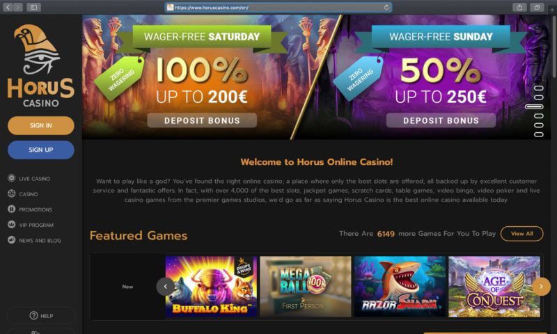 Horus Casino homepage showing bonus offers
