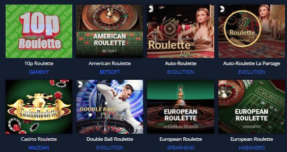Grid of colorful online roulette game thumbnails