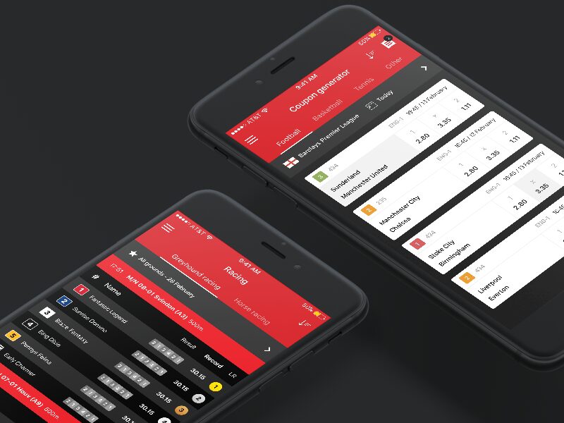 Two smartphones displaying mobile betting app interface