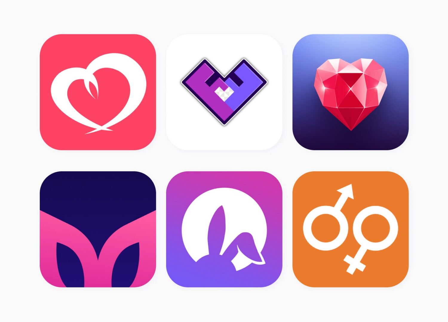 Grid of six colorful dating app icons